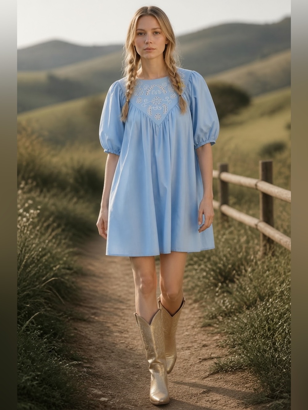 051 • Cornflower Blue Cotton Midi Dress | Boho Baby Doll Eyelet Wheat Embroidery